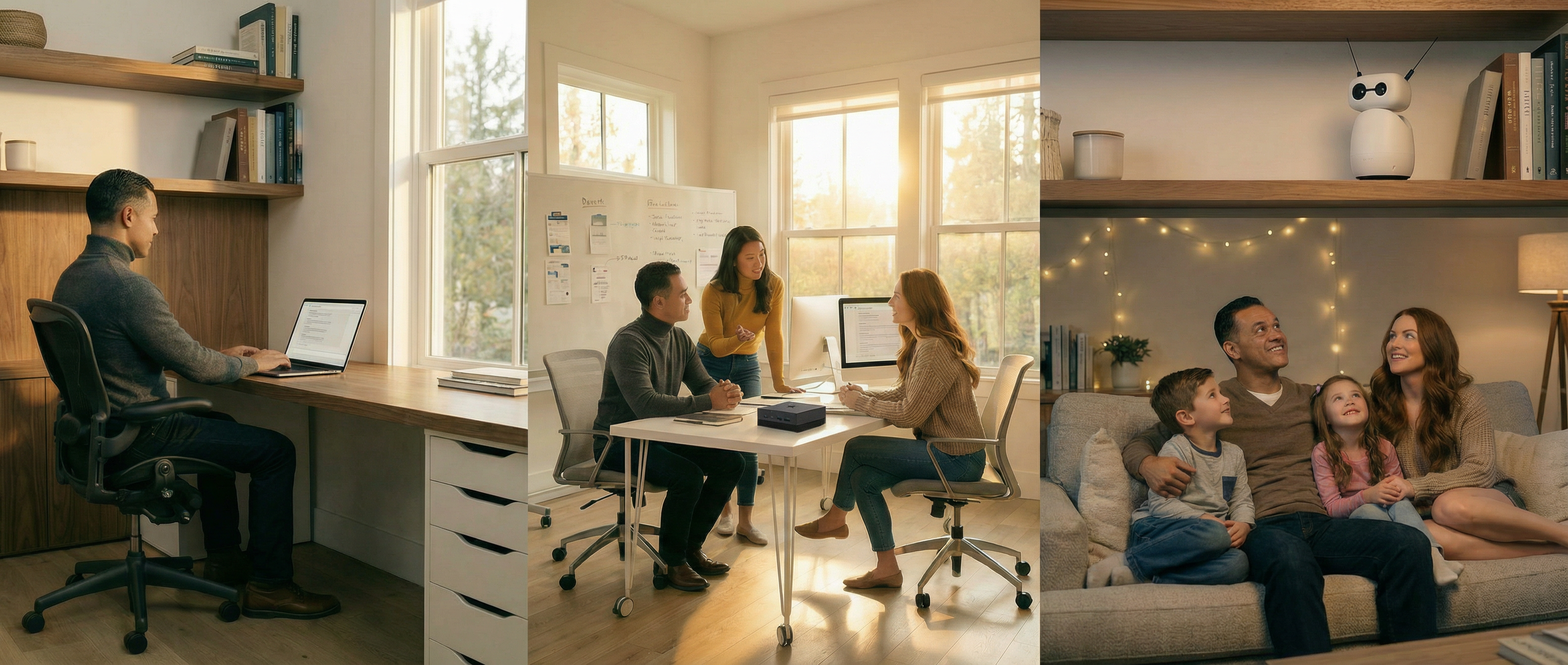 From solo founder, to growing team, to family at home — one device, one conversation